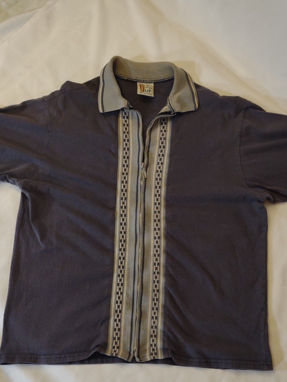 Vintage Flip Modern Zip-Front Polo with Stripe Detail - Gray & Cream - Size M